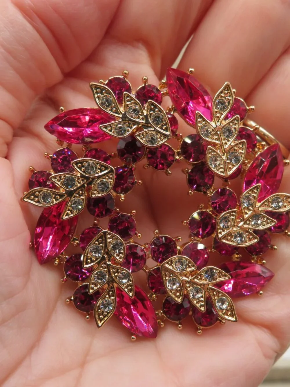 Pink Clear Floral Gold Tone Brooch